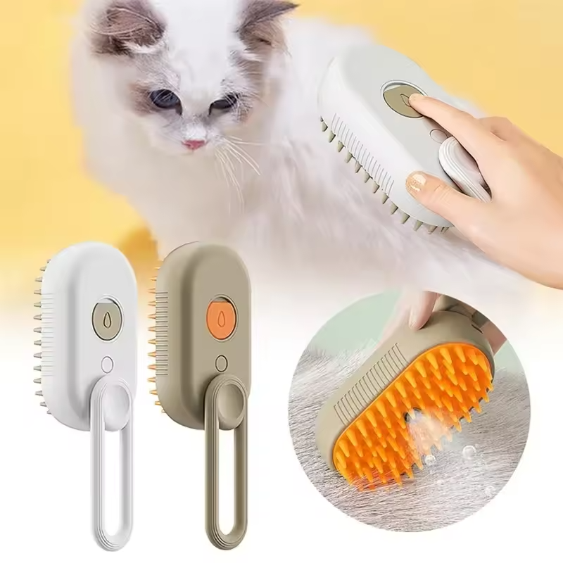 Steam pet brush removing loose fur from dog